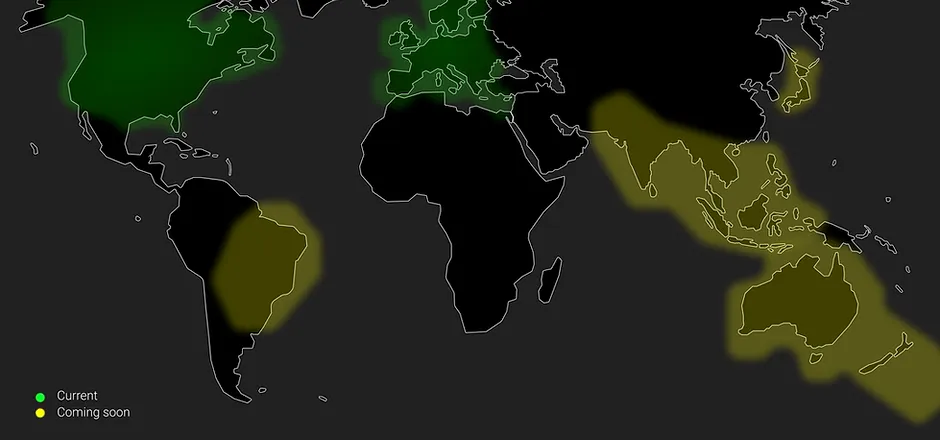 World map of NTN satellite coverage: live across North America and Europe; coming soon in South America, South-East Asia, Japan, Australia and New Zealand