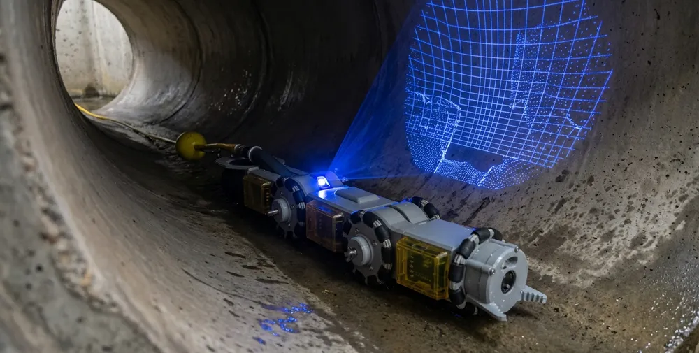 The PipeRover crawler scanning the inside of a large pipe with structured light